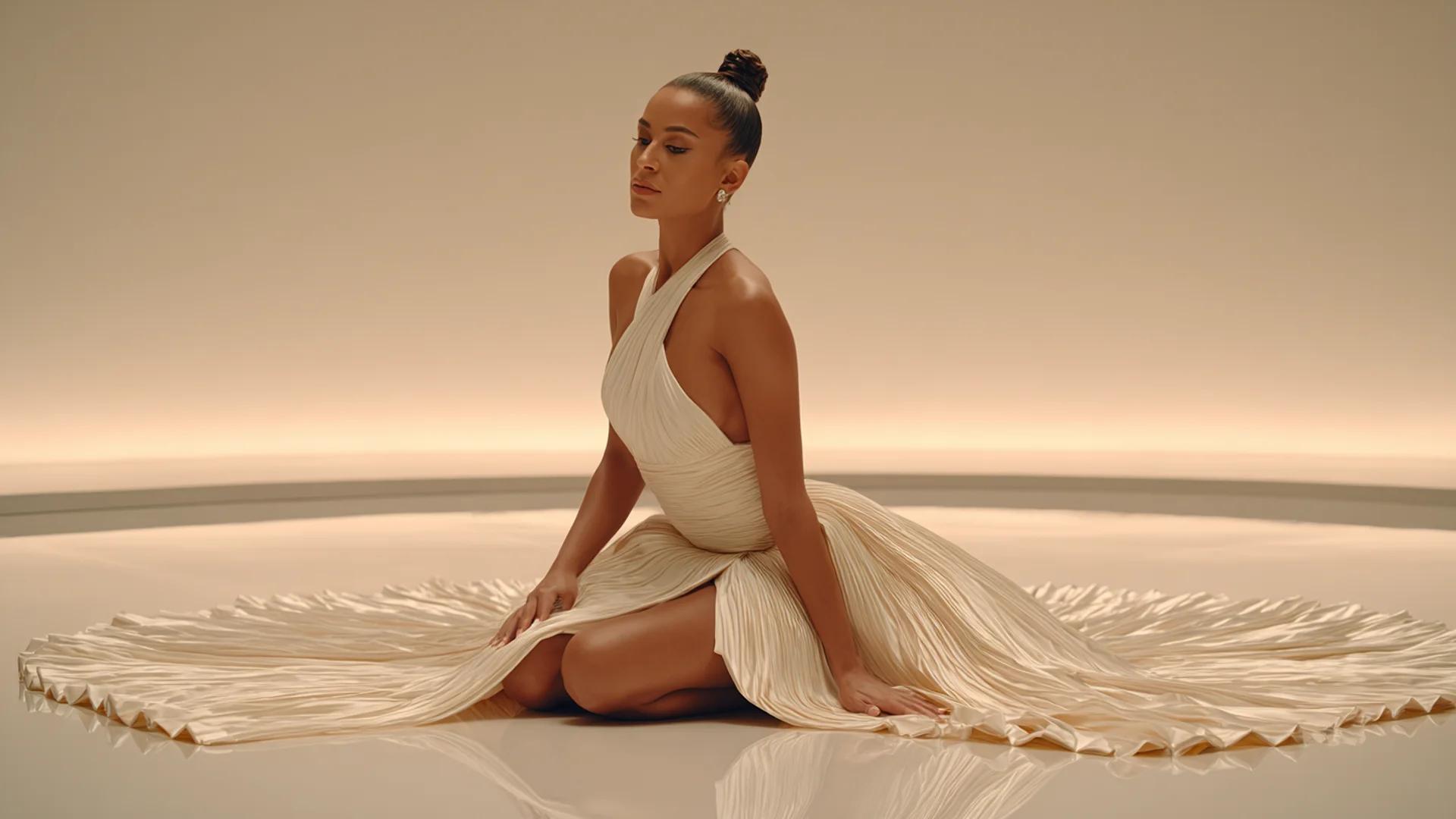 Elegant model in flowing ivory gown