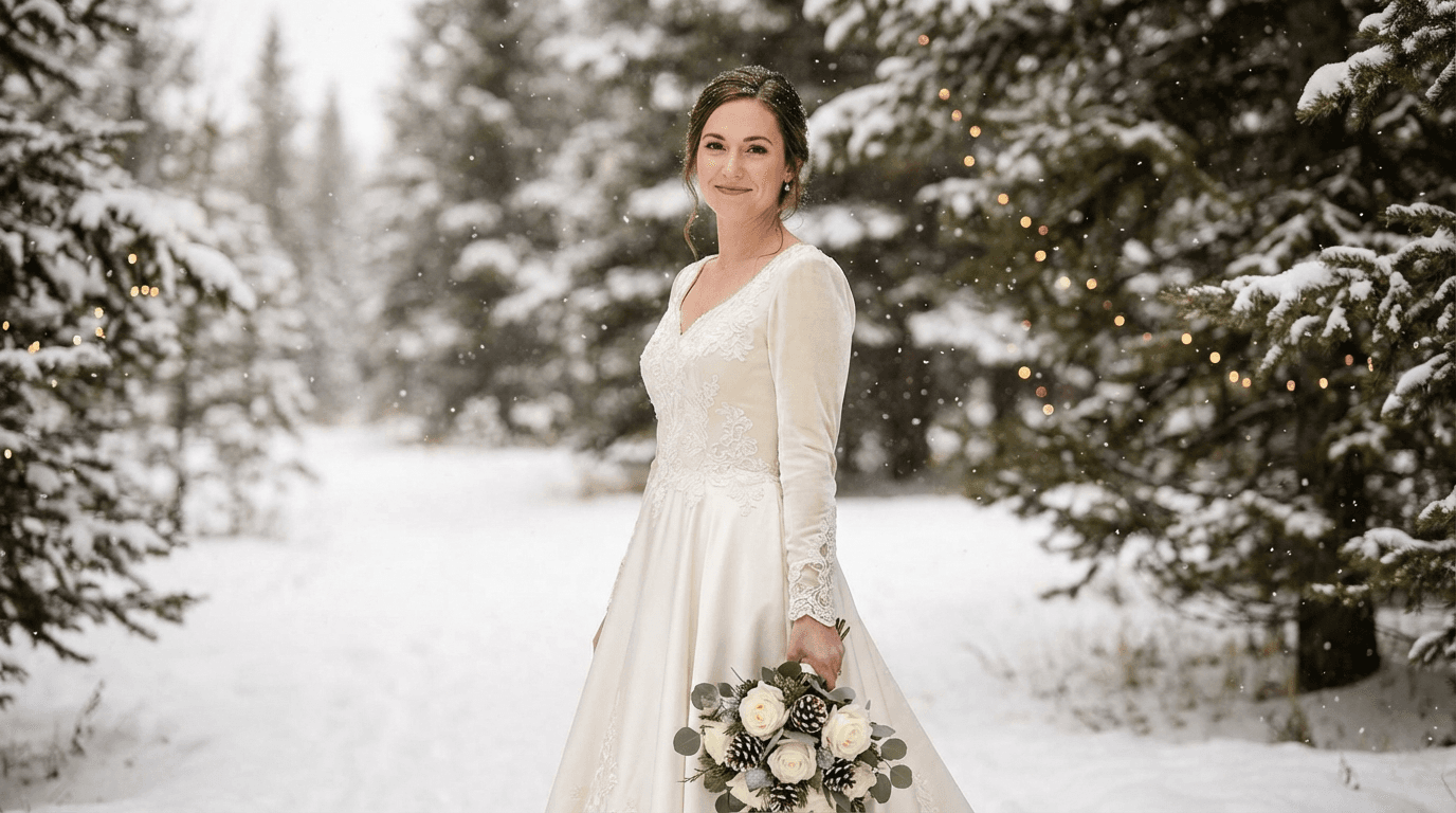 Bride in elegant long-sleeve winter wedding dress in a snowy setting