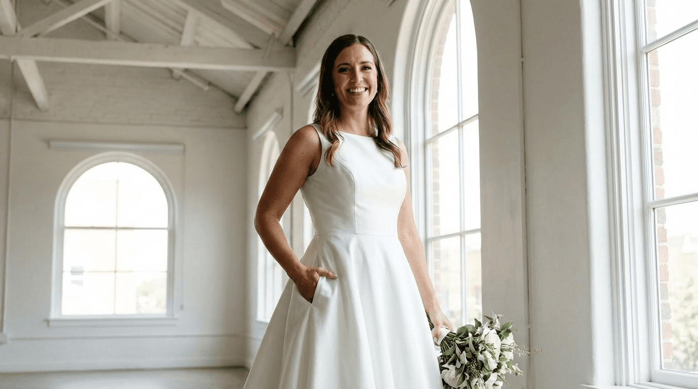 Bride in an elegant A-line wedding dress with hidden pockets, standing confidently