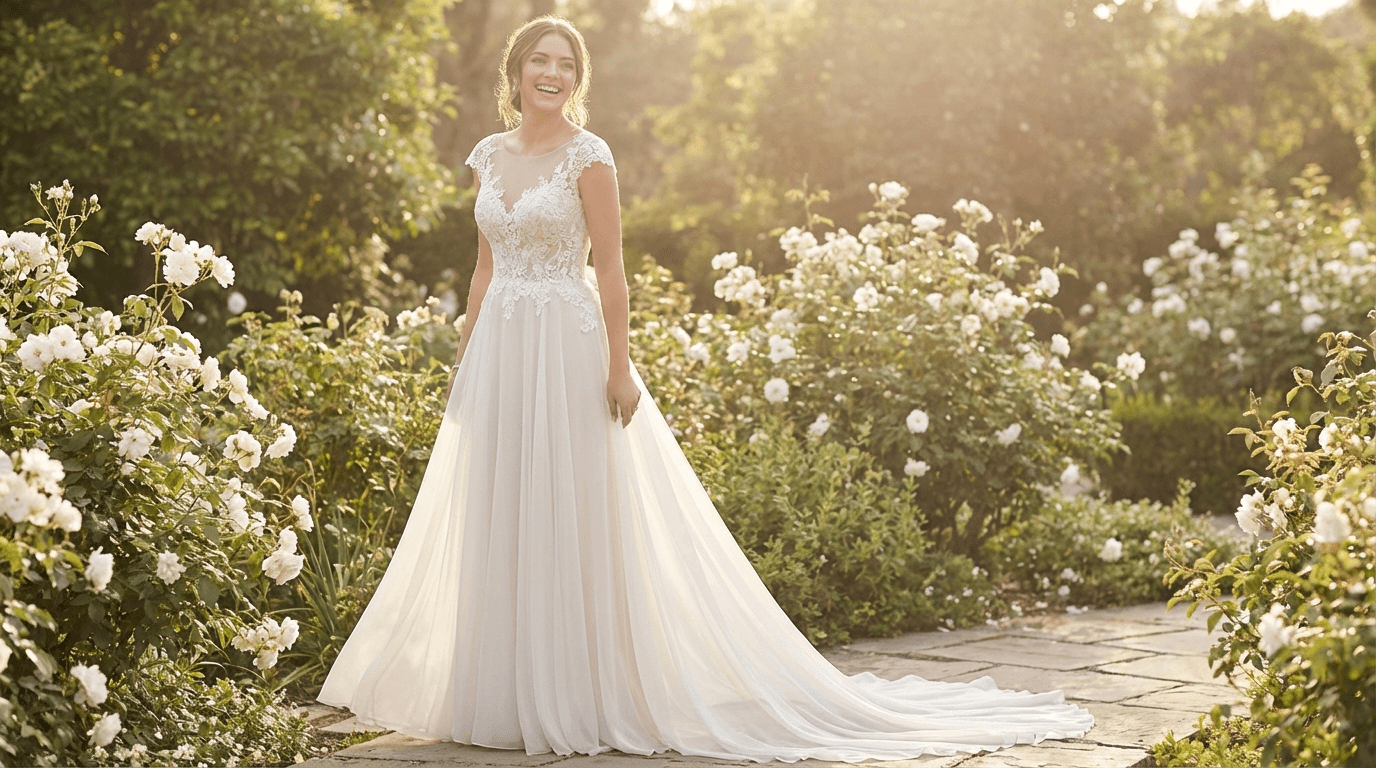 Bride in a flowing, lace and chiffon outdoor ceremony wedding dress in a beautiful garden