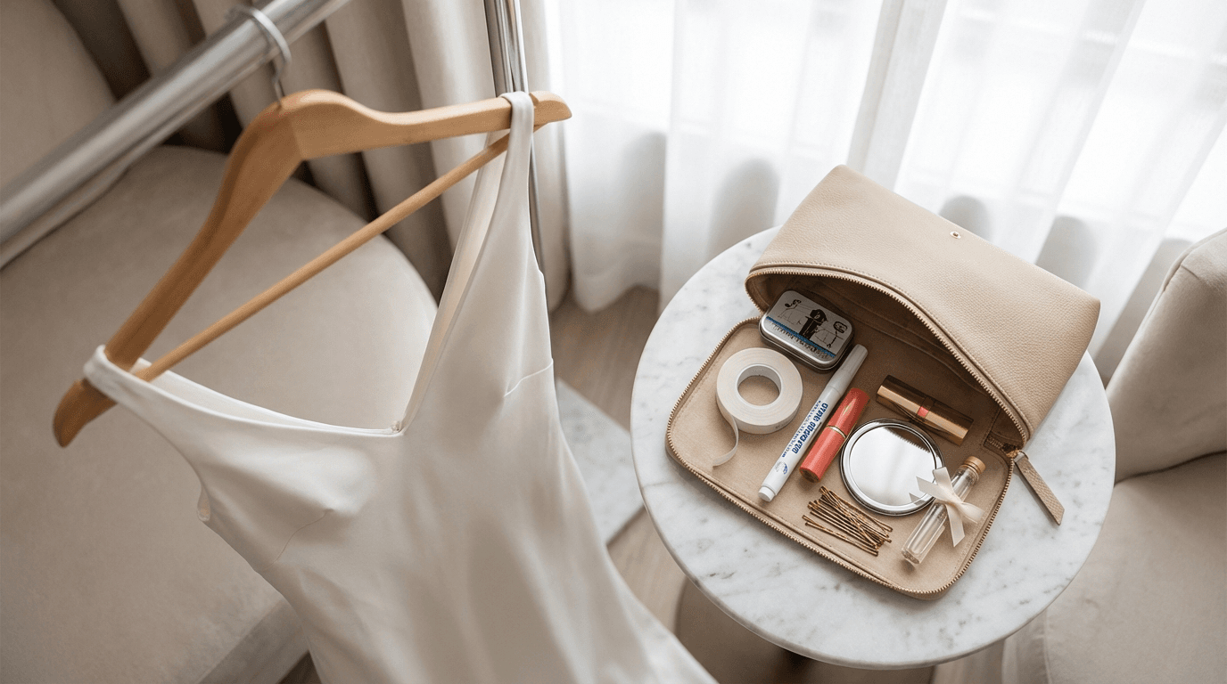 An organized wedding day emergency kit with fashion and beauty essentials next to a white bridal gown.