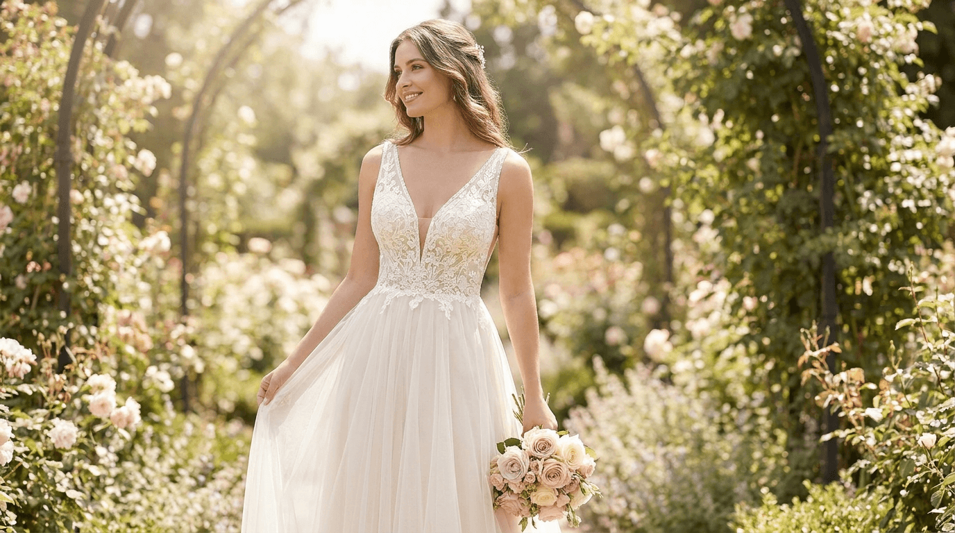 A bride in a beautiful V-neck wedding dress, showcasing the flattering and versatile neckline.
