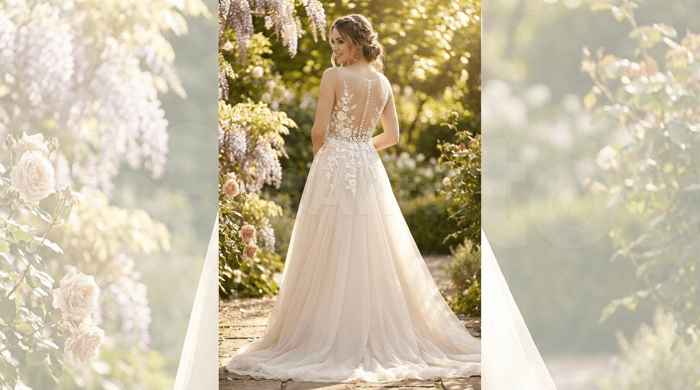 A bride showing off a breathtaking illusion lace wedding dress back design in a romantic garden setting.
