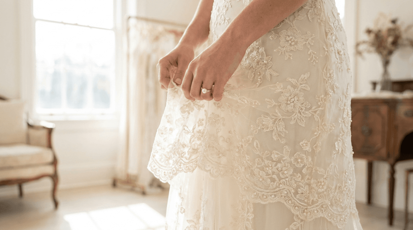 Close-up of a bride's wedding dress during alterations, showing intricate lace and a perfect fit.