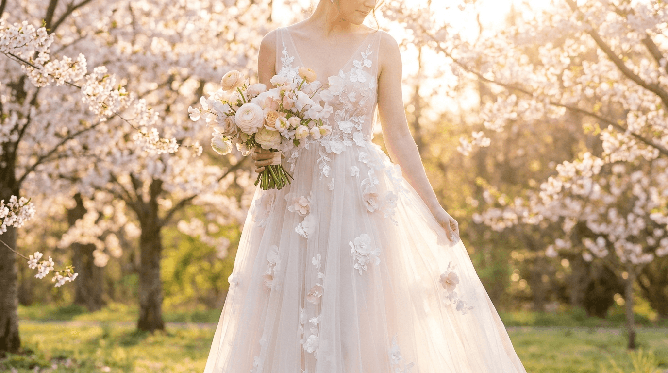 Bride in an ethereal A-line spring 2026 bridal trends wedding dress with 3D florals in a blooming spring garden.