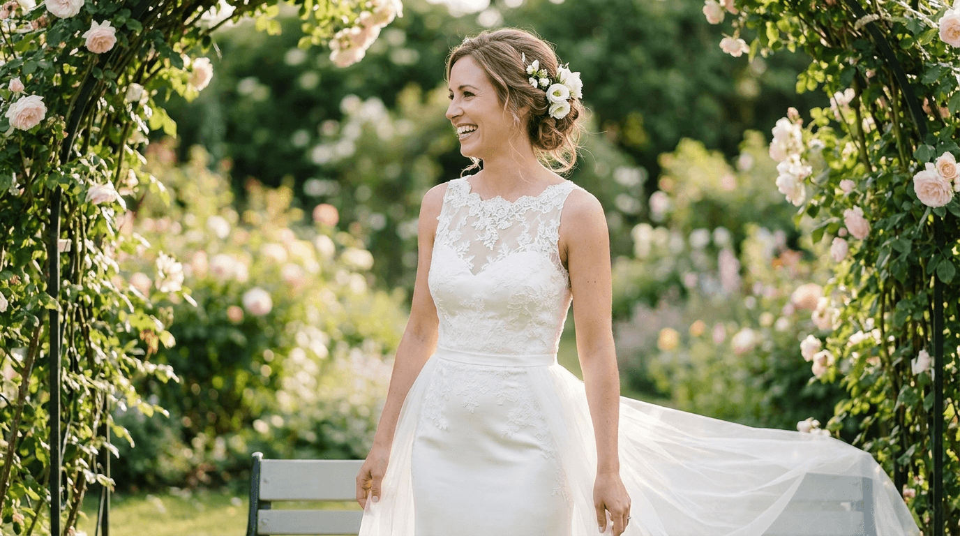 Bride smiling in a convertible wedding dress with a detachable overskirt removed, showcasing a sleek reception look in a garden.