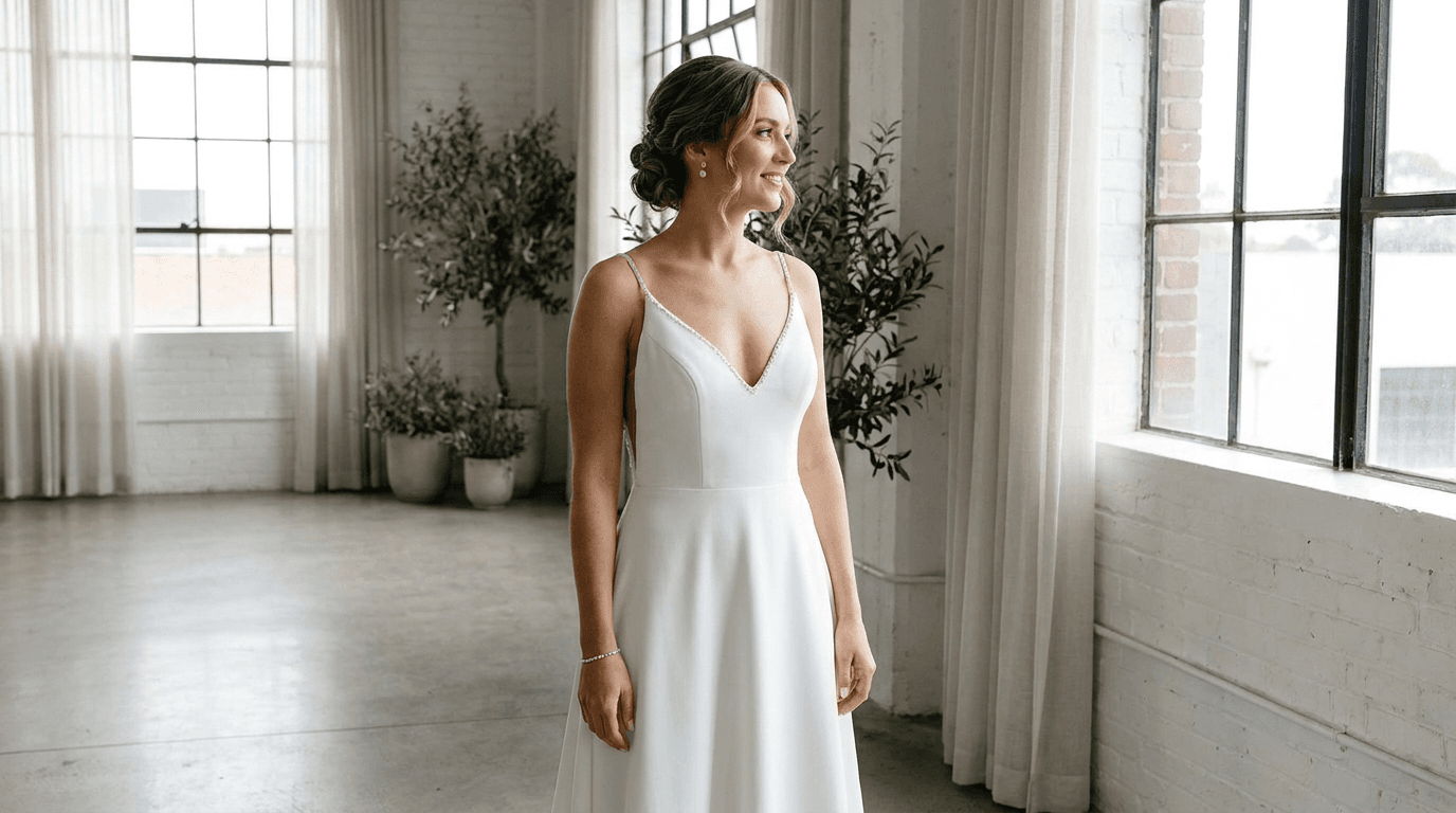 Bride in a sparkly minimalist wedding dress with subtle crystal straps and V-neckline