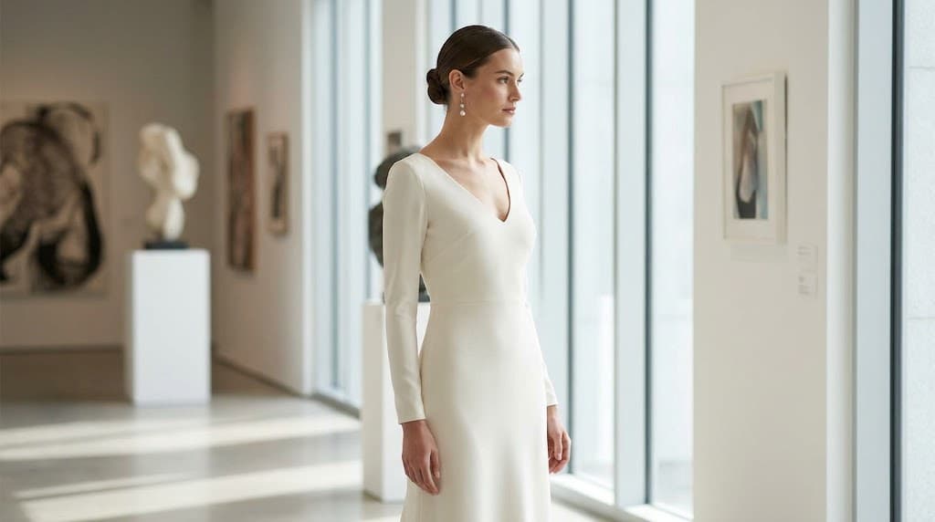 An elegant bride wearing a flowing ivory sheath wedding dress in a modern art gallery setting.