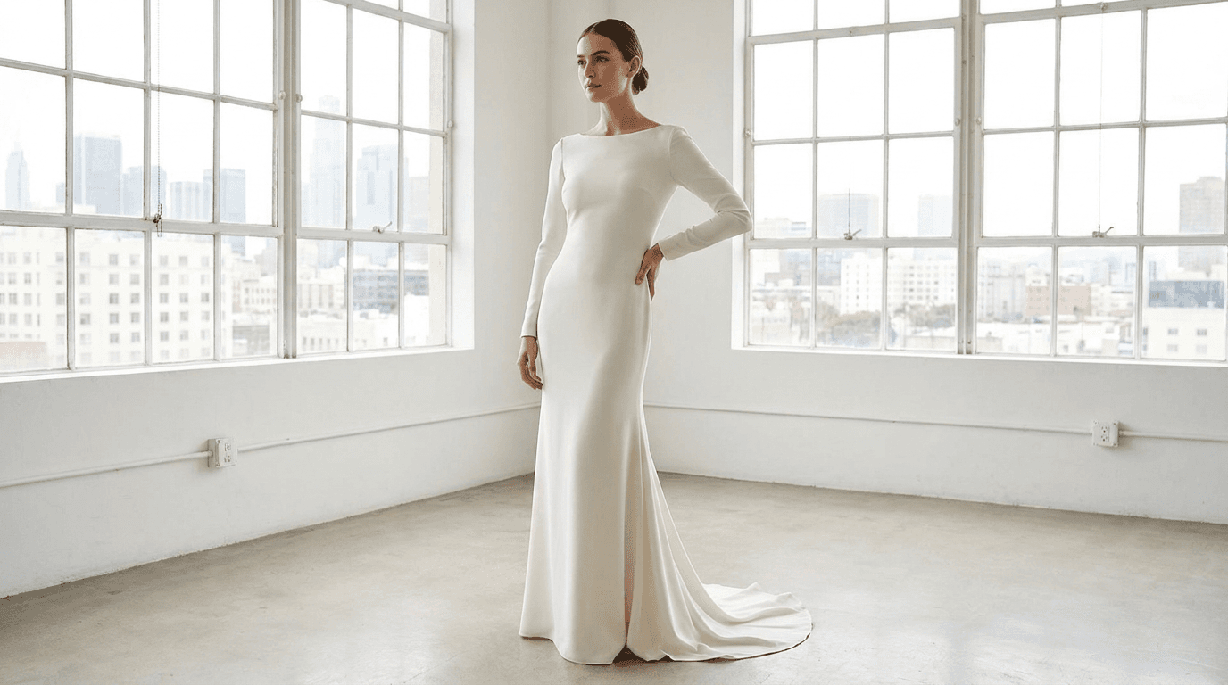 Bride in a sleek, modern crepe wedding dress with a high neckline and long sleeves, showcasing the fabric's elegant drape.