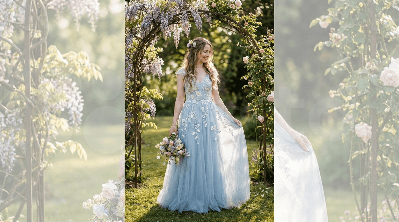 Bride wearing a beautiful light blue wedding dress with floral embroidery