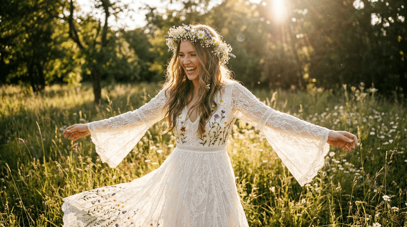 A bride in a stunning, ethereal boho wedding dress with lace bell sleeves, standing in a sunlit field, embodying free-spirited boho wedding dress ideas.