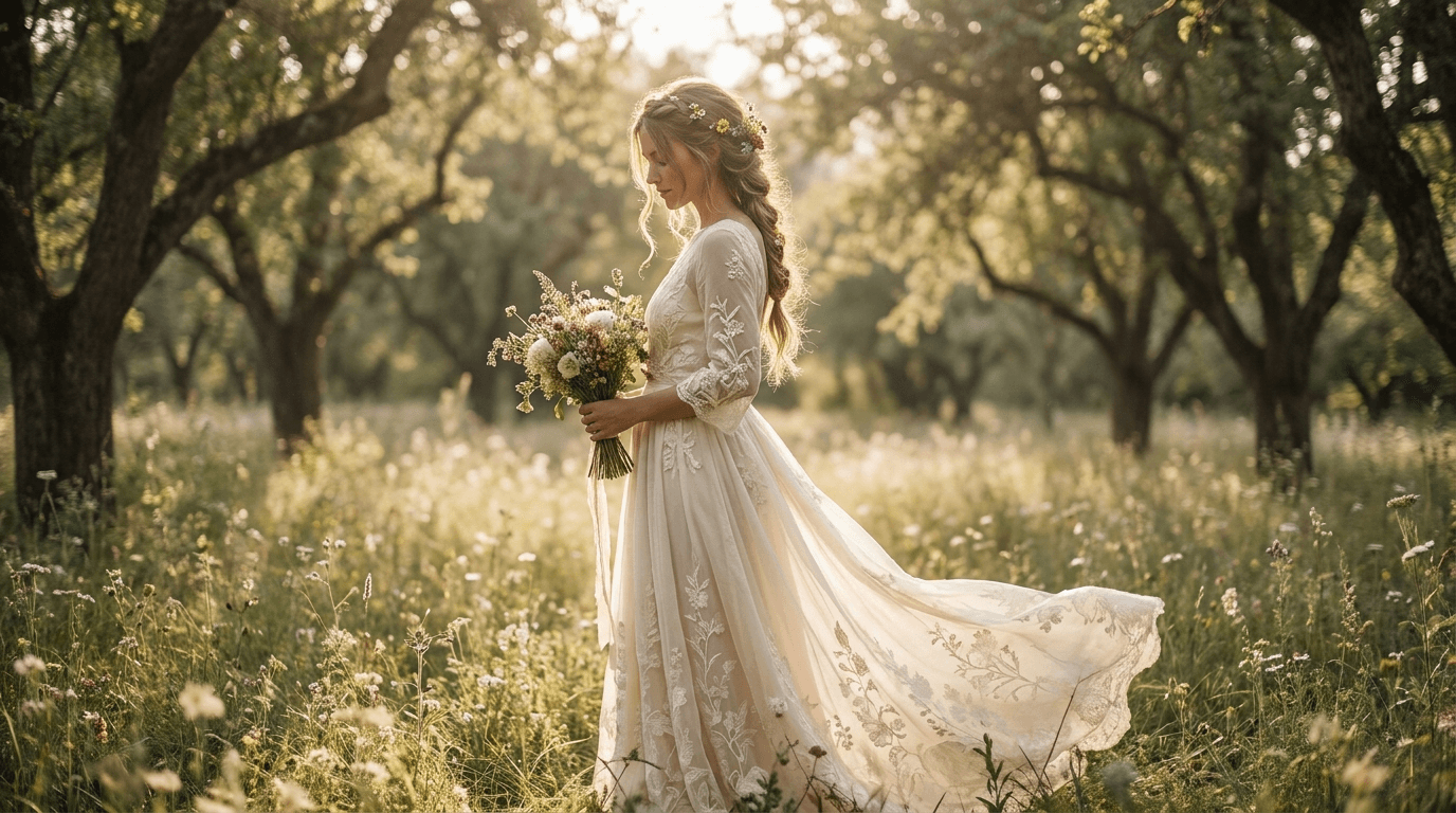 Bride in a flowing sustainable wedding dress made of organic peace silk in a natural setting.