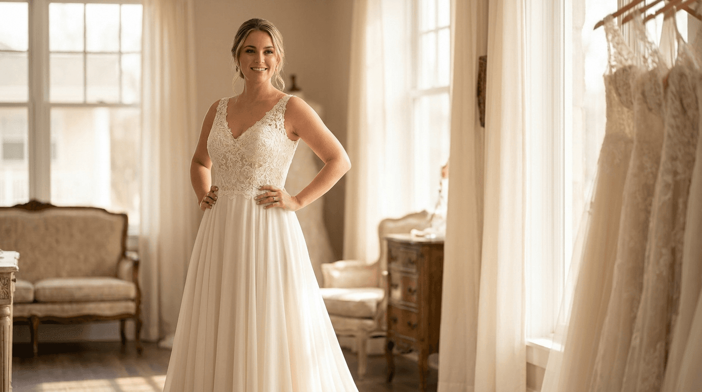 A confident bride in a perfectly fitted A-line wedding dress, smiling, illustrating the successful navigation of wedding dress weight change and achieving a beautiful fit.