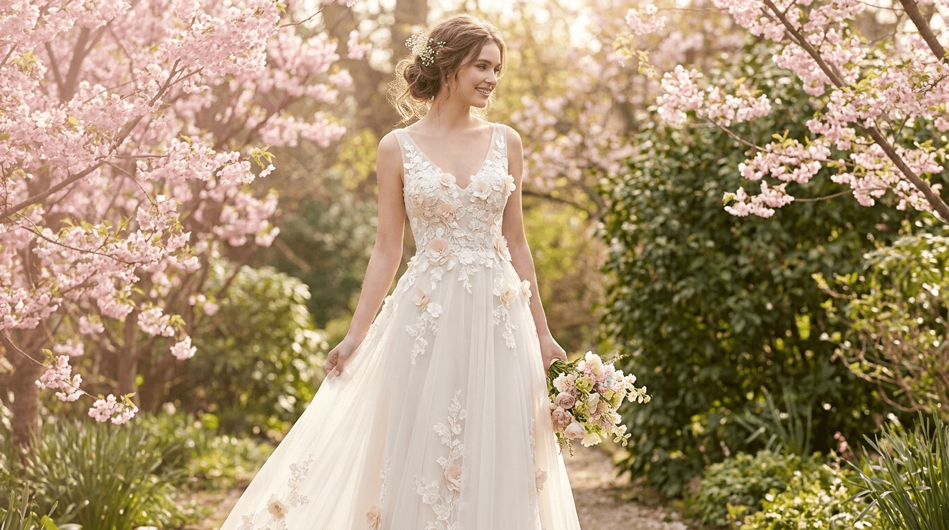 An ethereal A-line spring wedding dress with floral appliques in a blooming garden setting, perfect for a fresh bridal look.
