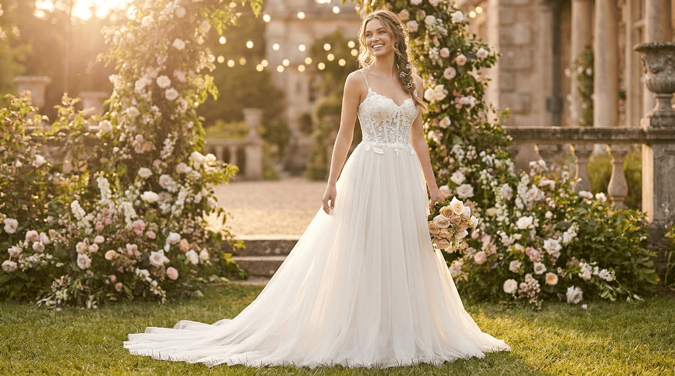 Bride in an elegant detachable wedding dress with a removable overskirt