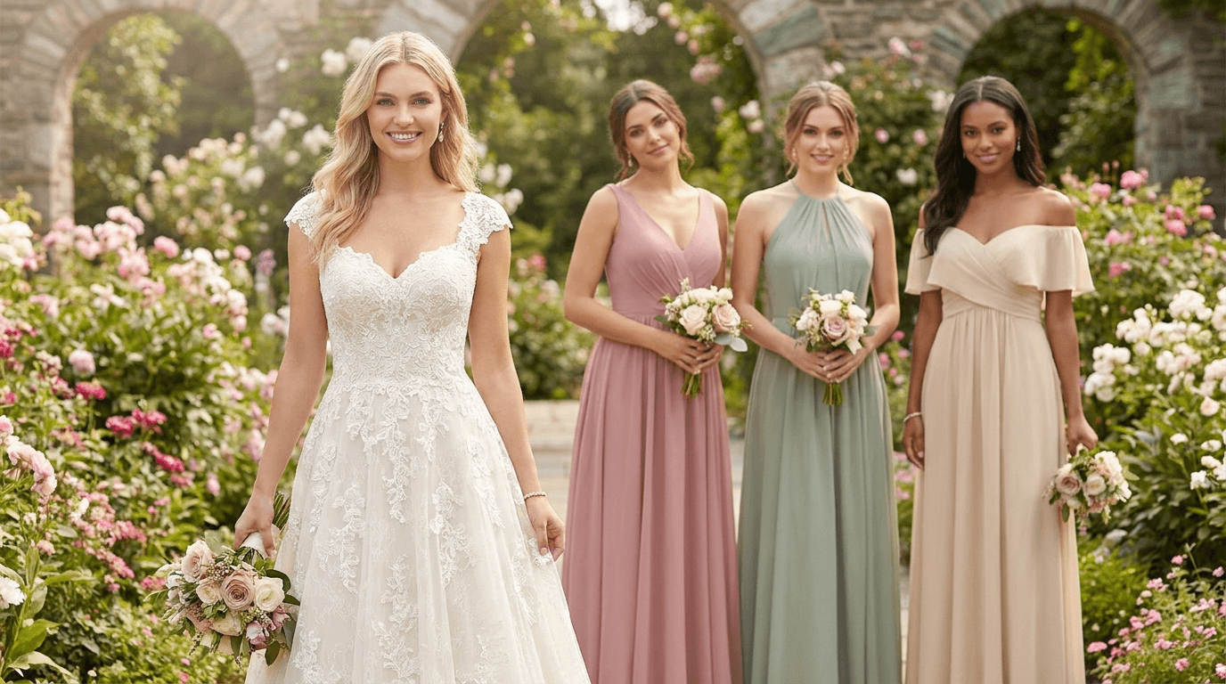 Bride in a lace gown with bridesmaids in coordinated, mismatched dusty rose, sage green, and champagne dresses, showcasing perfect bridesmaid dress coordination.