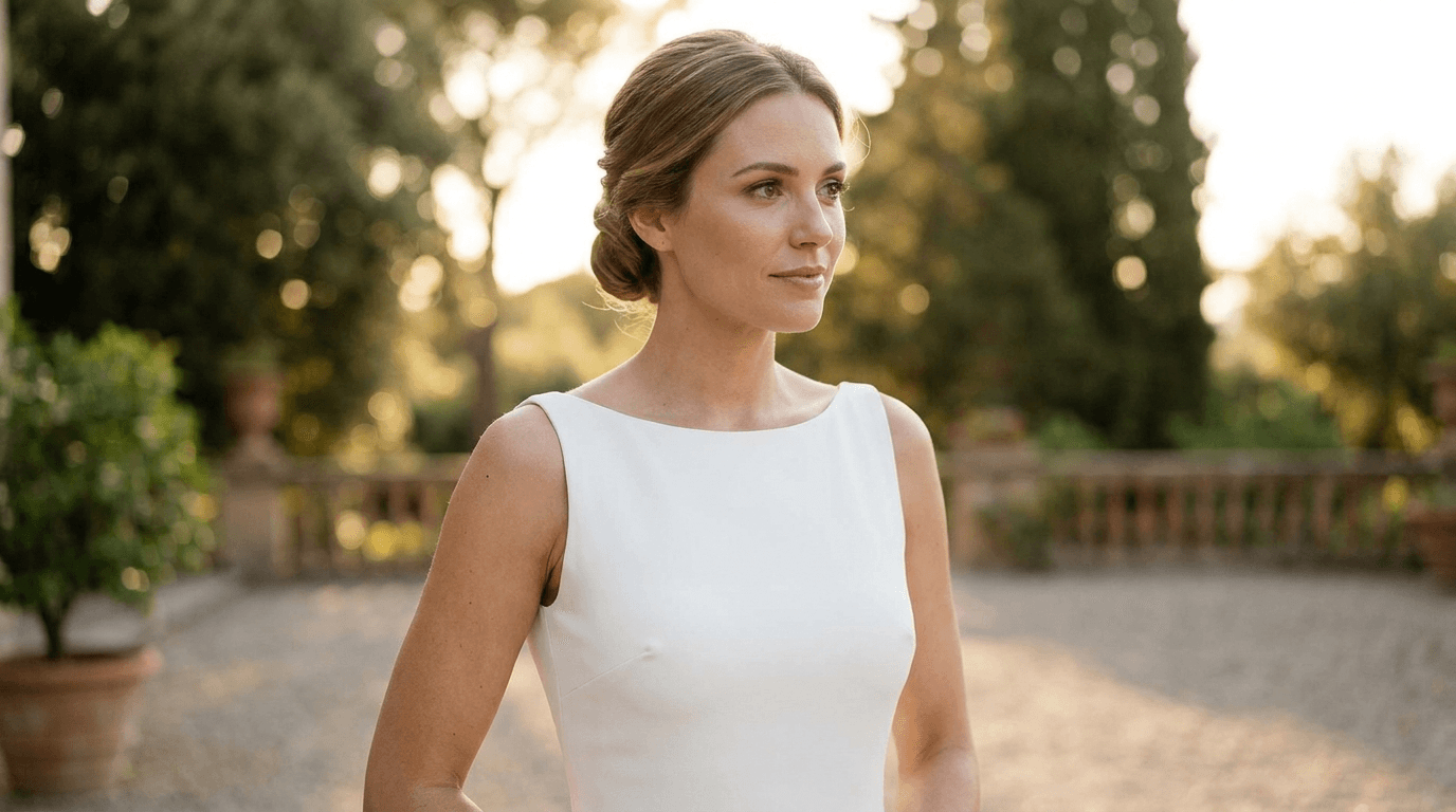 Bride in an elegant white bateau neckline wedding dress, showing timeless sophistication
