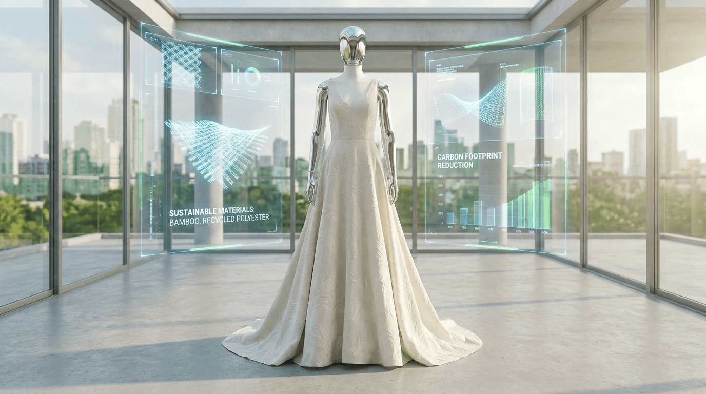 A beautiful sustainable bridal gown designed with the help of technology, showcasing eco-friendly materials and innovative digital design elements.