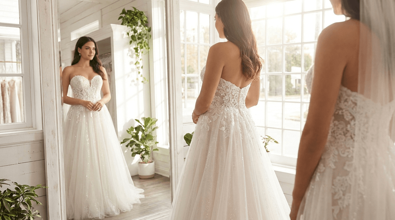 A beautiful custom wedding dress with lace details and a flowing skirt, displayed in a bridal boutique.