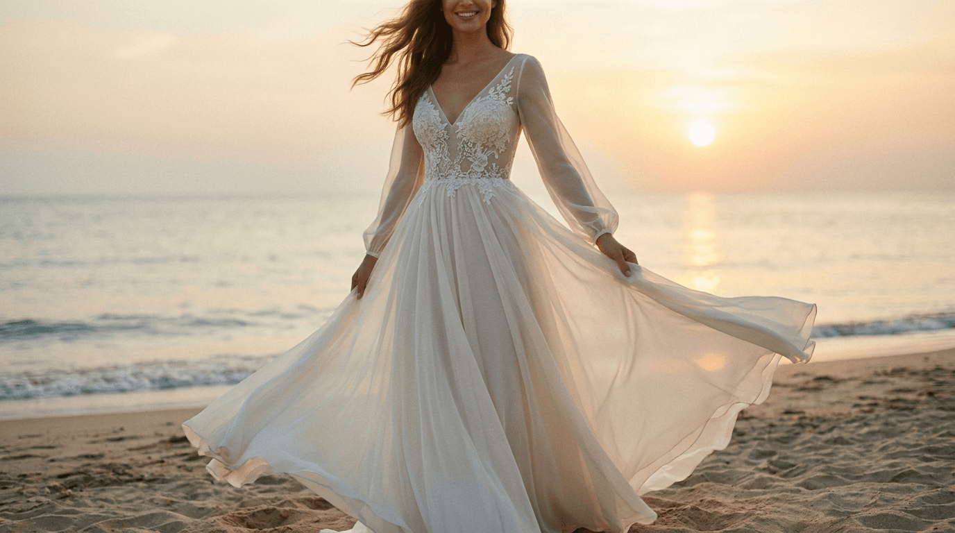 Bride in a flowing ivory chiffon wedding dress on a beach at sunset, highlighting the light and airy fabric.