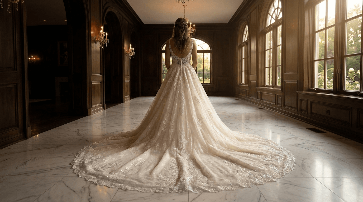 A bride from behind, showcasing her long wedding dress train elegantly spread out, illustrating effective managing wedding dress train techniques.