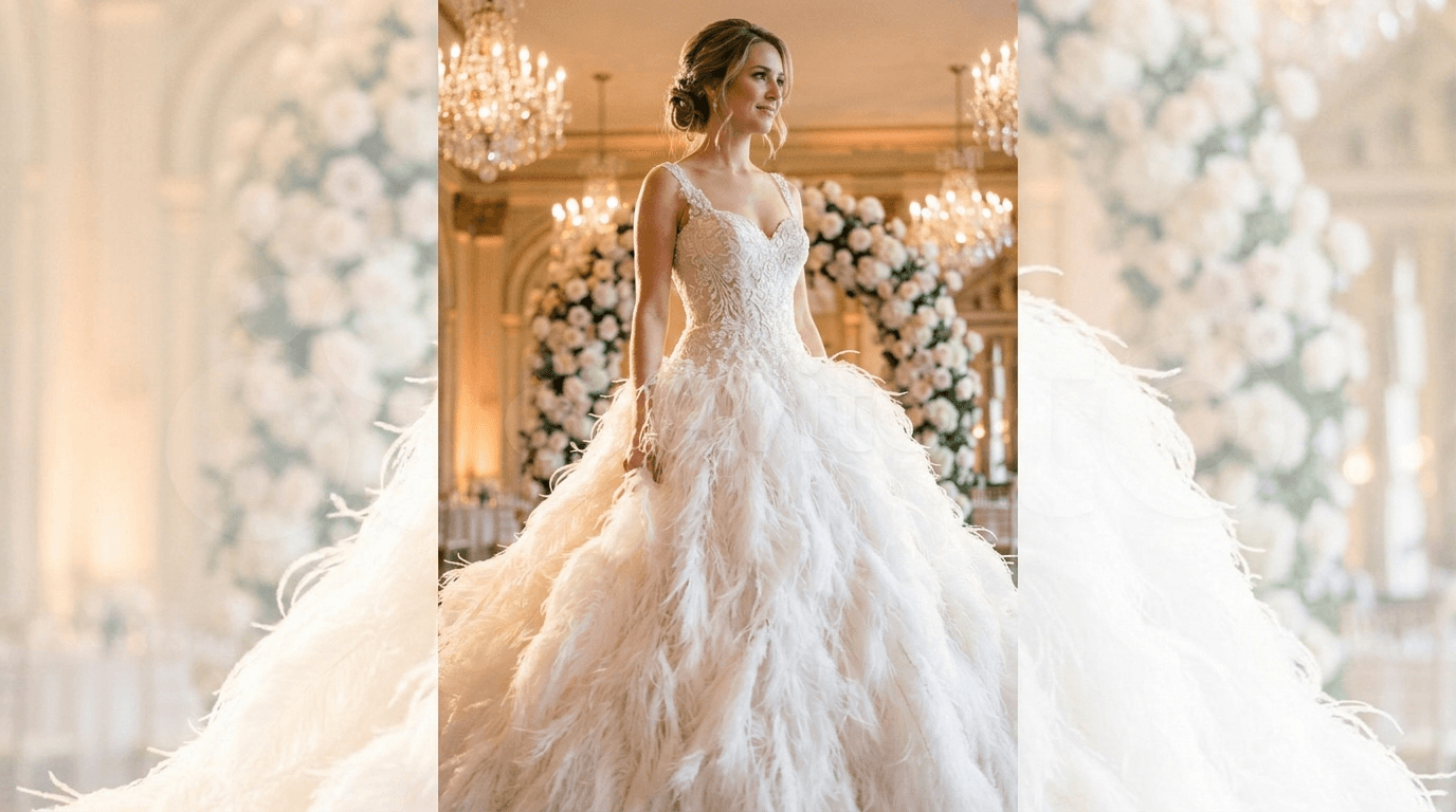 A glamorous white feather wedding dress with a full ostrich feather skirt in a luxurious ballroom setting.