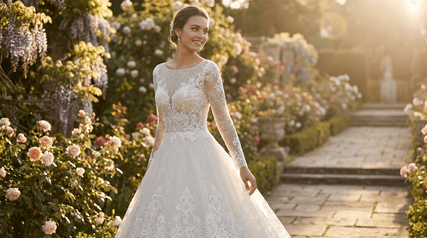 A beautiful bride wearing an elegant A-line lace wedding dress with intricate lace details and long sleeves, standing in a romantic garden setting.