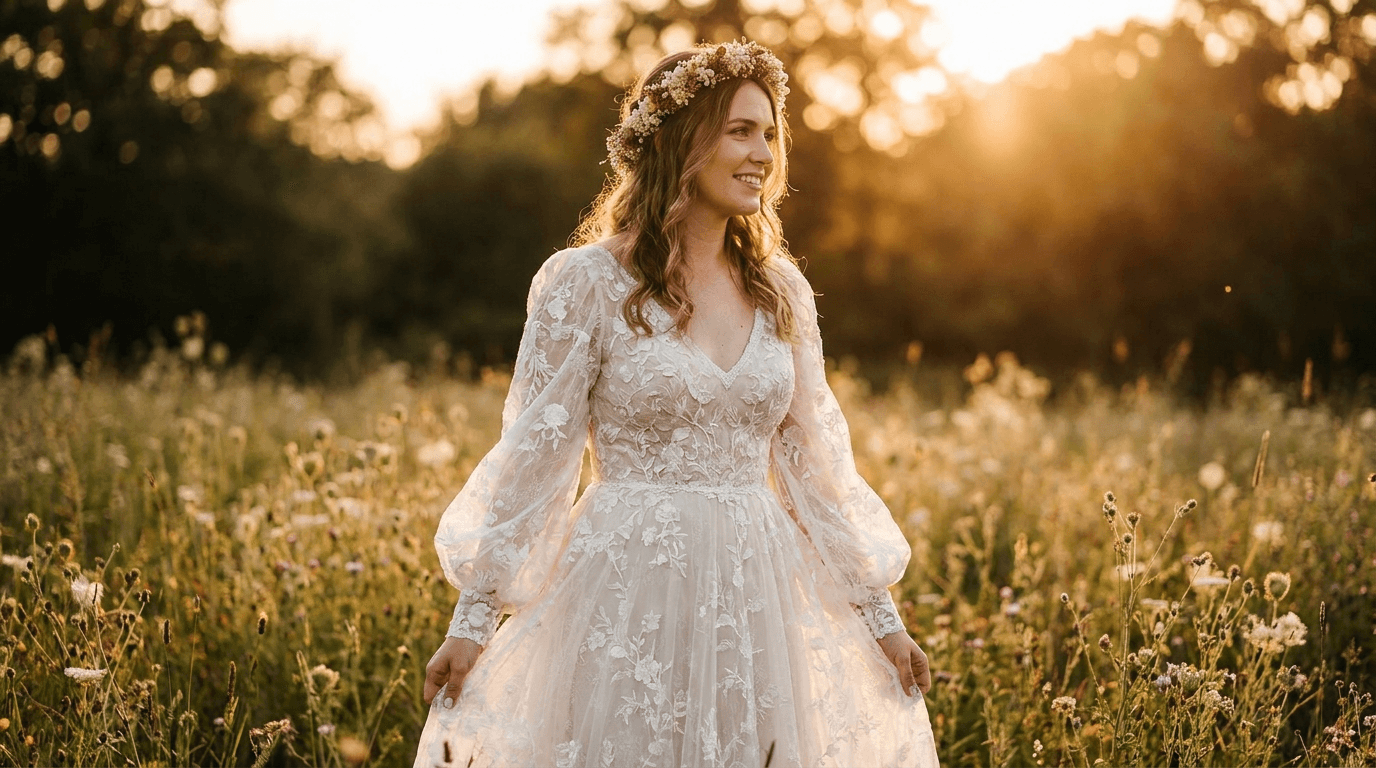 A bride in a beautiful cottagecore wedding dress with puff sleeves and floral lace, standing in a sun-drenched meadow.