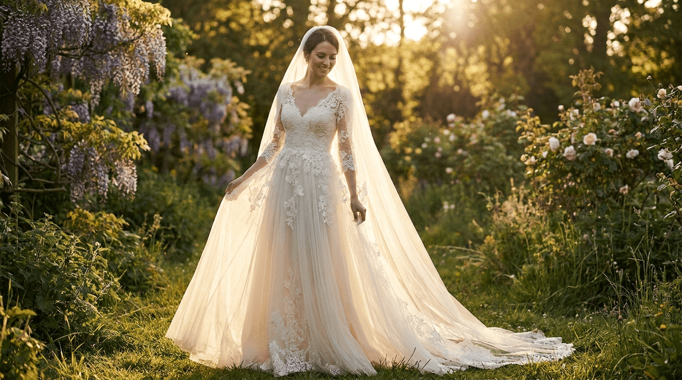 A radiant bride in a flowing ivory wedding dress, showcasing the beautiful wedding dress color.