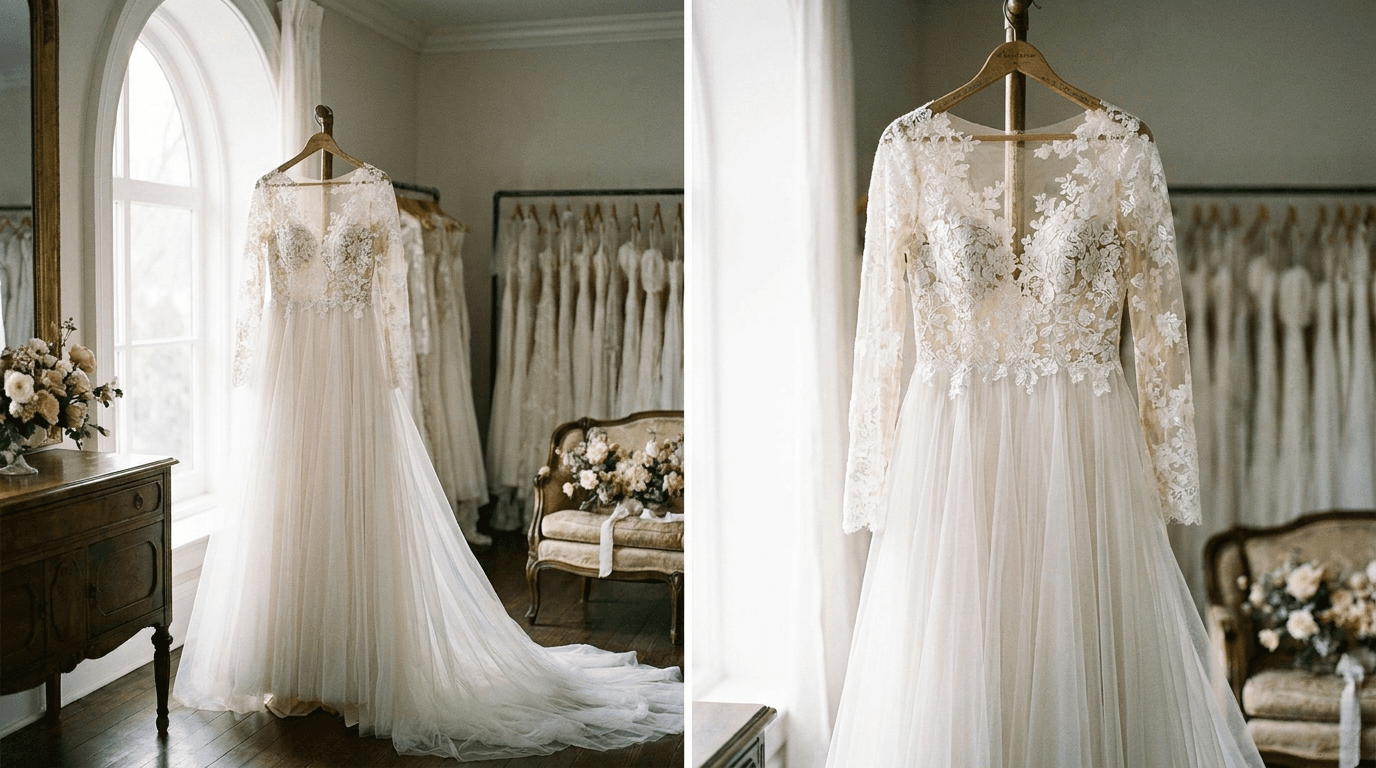 An elegant A-line lace wedding dress hanging in a bright bridal boutique, representing a beautiful find at a wedding dress sample sale.